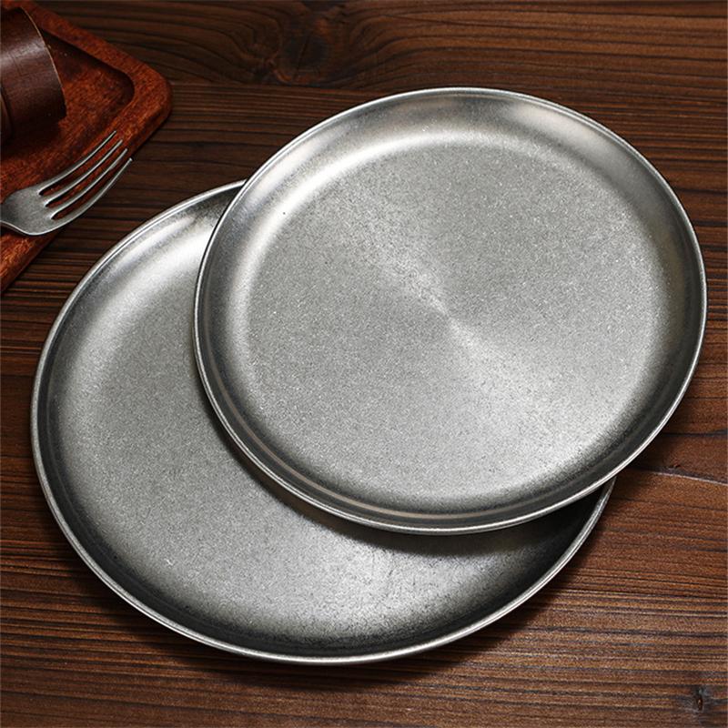 Snow Peak Stainless Steel Round Plates Matte Reto Dinner Dishes Flat Serving Tray Luxury Tableware Kitchen Dessert Cake