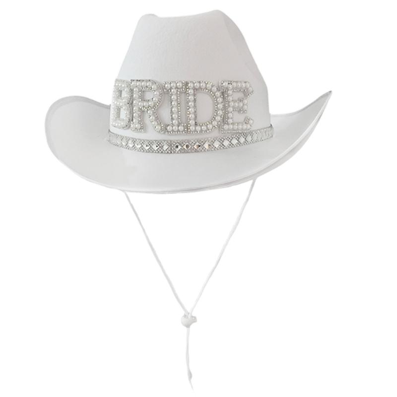 

Rhinestones Women Bride Letter Cowgirl Hats Wide Brimmed Bridal Western Shinning White Fedoras Hat for Photoshoot 1