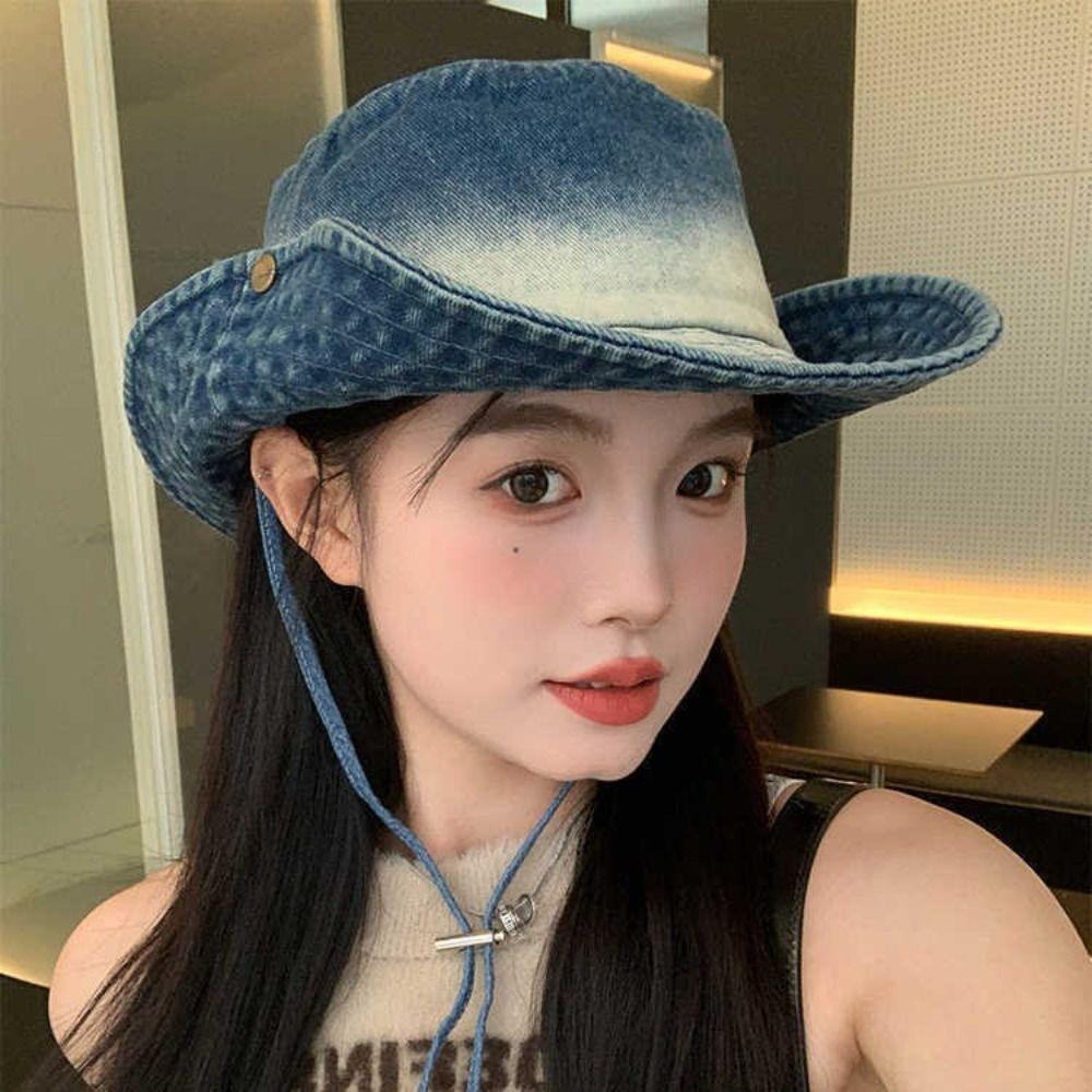 Water-washed Tie-dye Vintage Washed Denim Hat Wide Brim Drawstring Adjustable Western Cowboy Hats Windproof Sunscreen