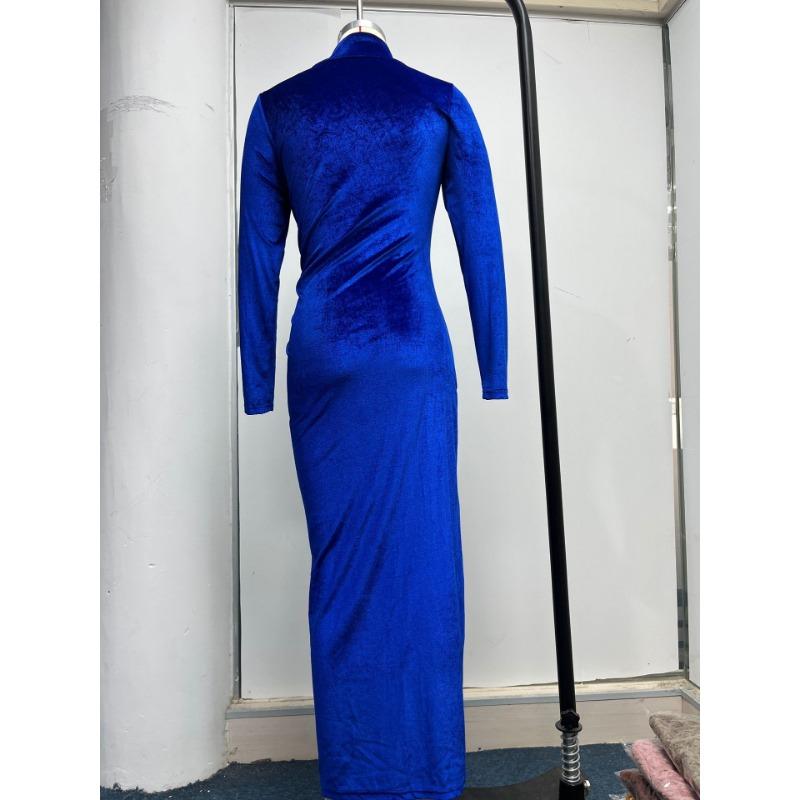 Autumn and Winter Women's High Neck Velvet Slim Wrinkled Split Long Dresses