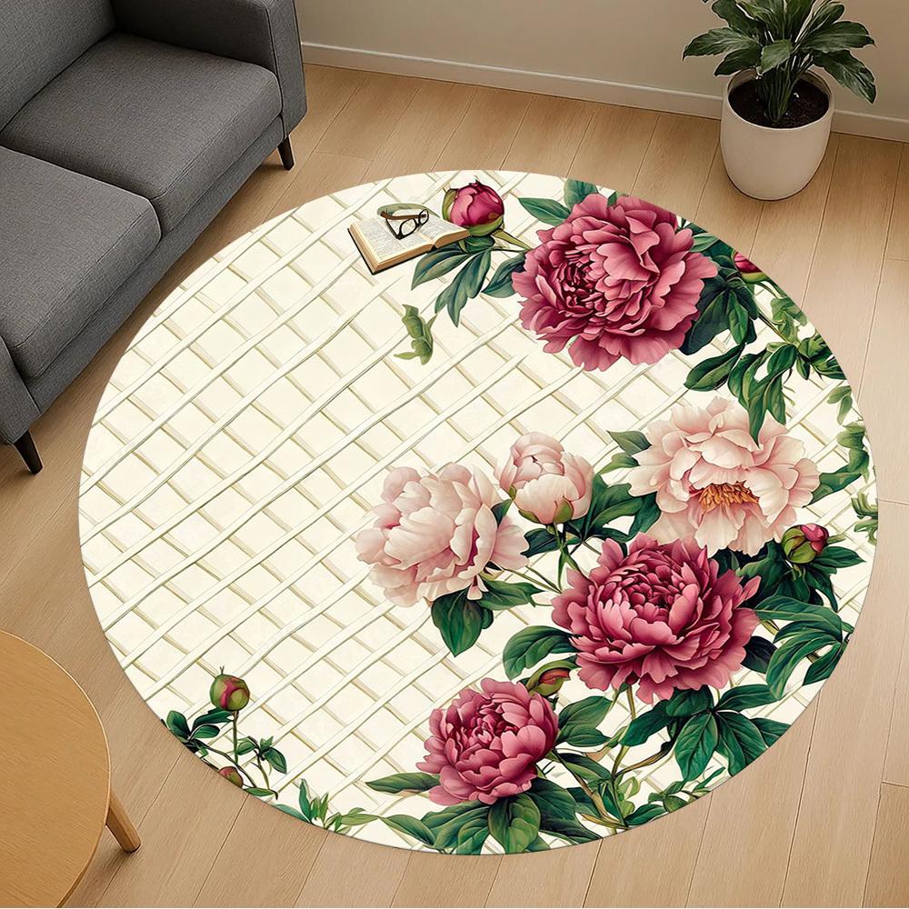 1PC Peony Lattice Office Round Area Rug, Under Office Chairs Bedroom Living Room Home Decor, Carpet for Office -1110108