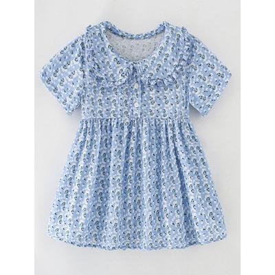 Foreign Trade Children's Clothing Girls' Short-Sleeved Dress Summer Stylish Floral Doll Collar Pure Cotton Princess Dress Children's Dress