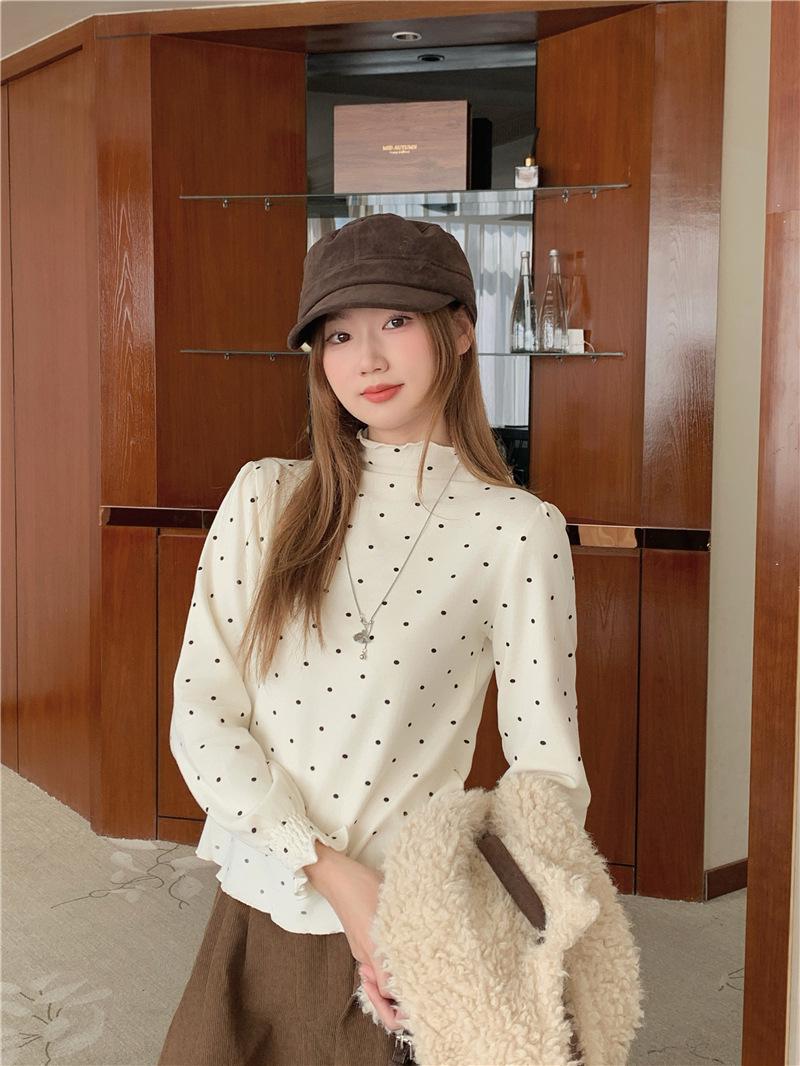 Korean Style Polka Dot Lace High Neck Long Sleeve Top for Women One Size абрикосовый