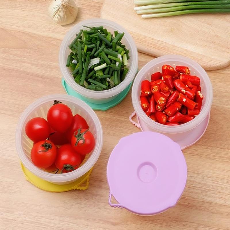 4Pcs Green Onion Fresh-Keeping Box With Lid Double-Layer Drainage Round Plastic Refrigerator Sealing Box Household