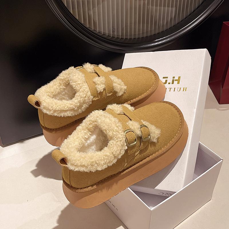 אופנה חורף נשים מגפי שלג עם בוהן עגולה אבזם כפול 2024 מכירה חמה סוליה עבה חם קטיפה עקב בינוני עמיד למים נעלי נשים קז'ואל