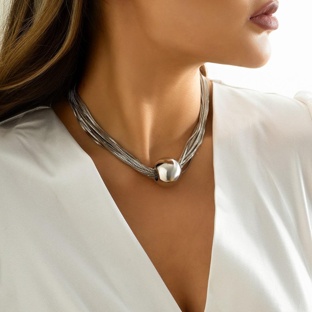 Exaggerated Punk Gold Color Geometric Sphere Multiple Layers Box Chain Fold Wear Necklace for Women Fashion Rock Collar Jewelry