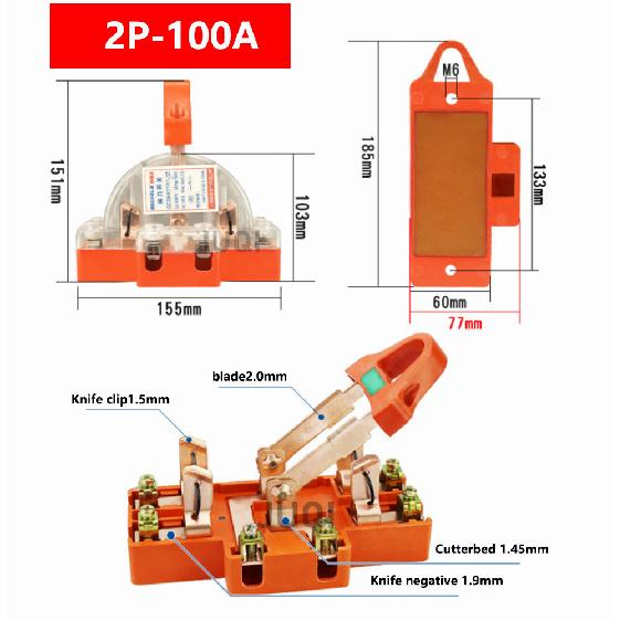 (1)High quality 2P knife switch 32A 63A 100A two-phase knife switch high power 220V double throw Disconnector