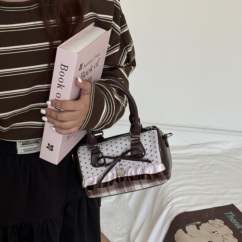 Retro Polka Dot Sweetheart Shoulder Bags for Women Bow Plaid Girls Cute Crossbody Bags Portable Ladies Pillow Hangbag Purse