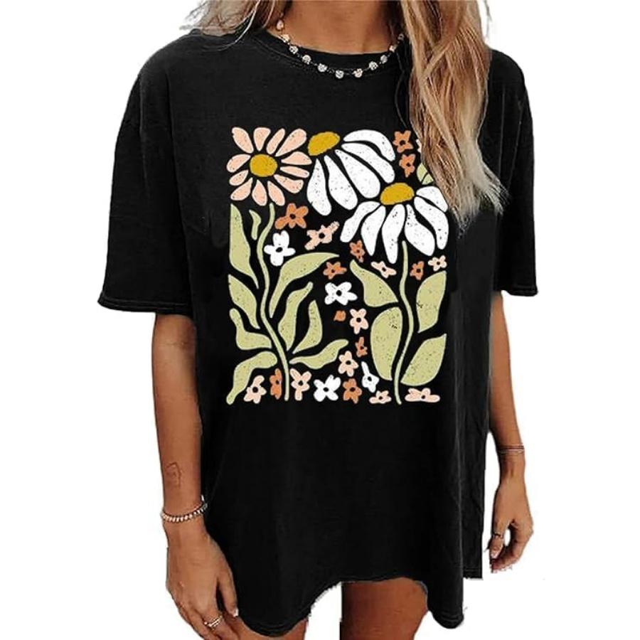 Oversized Graphic T-Shirt for Women Vintage Floral Shirt Rock Band Music Guitar Tee Casual Holiday Cute Plant Tops S