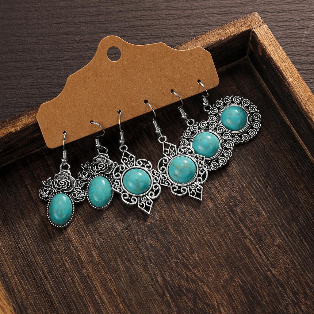 3 Pairs of Retro Hollowed Out Flower Inlaid Turquoise Water Droplet Pendant Geometric Earrings, Fashionable and Versatile