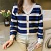 WTEMPO Women's Casual Versatile Long Sleeve Striped Sweater Cardigans V-neck Large Size Solid Color Loose Knitted Cardigans