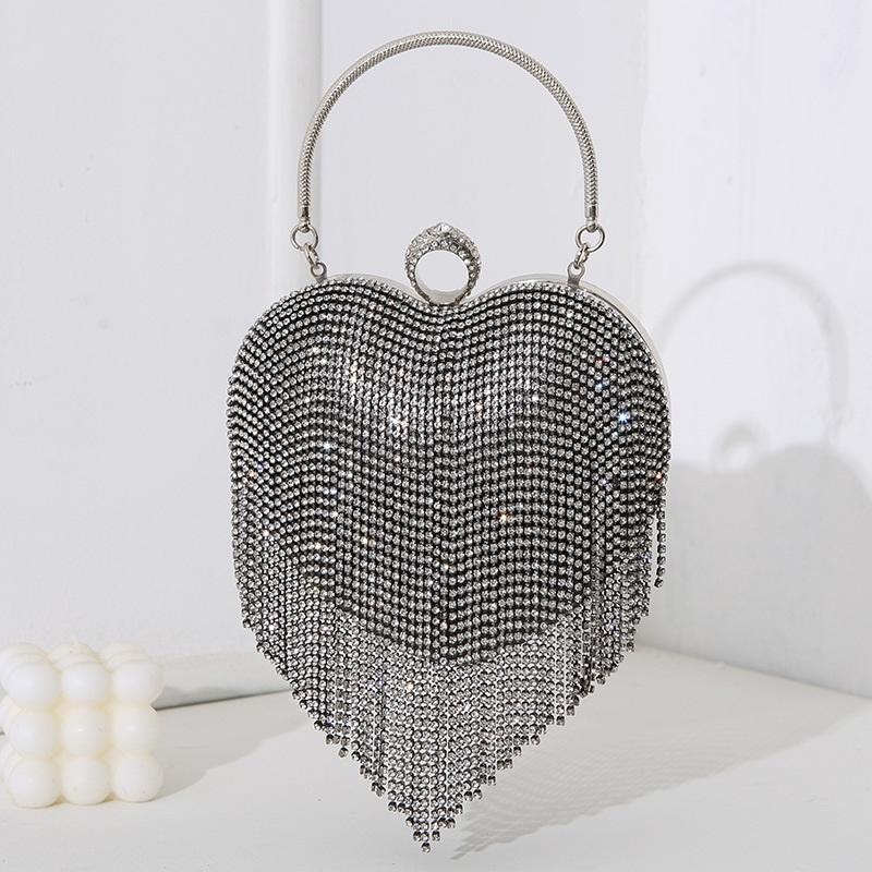 Rhinestone Heart Evening Bag Tassel Diamond Clutch Crossbody Handbag Elegant Women Wedding Party Formal Purse