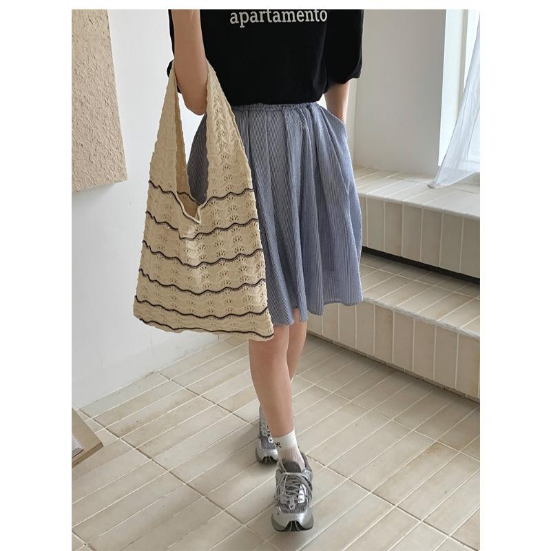 Wavy Polyester Knit Tote Bag for Women Oversized Handheld Shoulder Shopping Purse