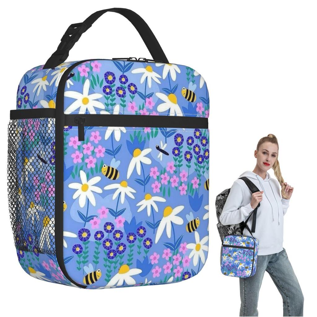 The Pattern Of Bees Picking Flowers Insulated Lunch Bag for Women Kids Portable Food Boxes Thermal Lunch Box Tote