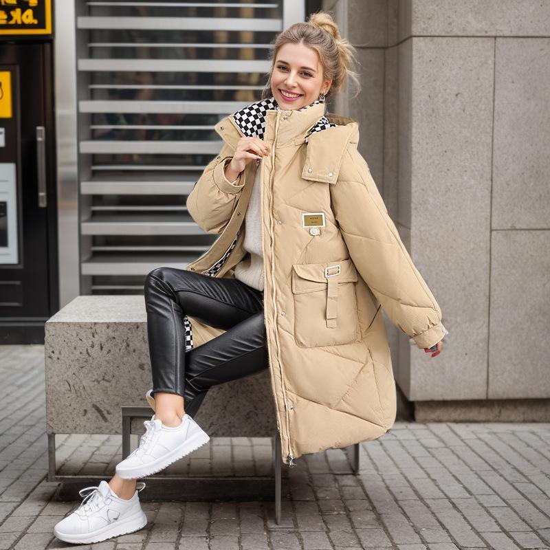 Damen Winterjacke 2026 Winter Damen Lange Jacke Kariert Revers 2 Taschen Verdicken Warme Baumwolljacke Damen Damenjacke