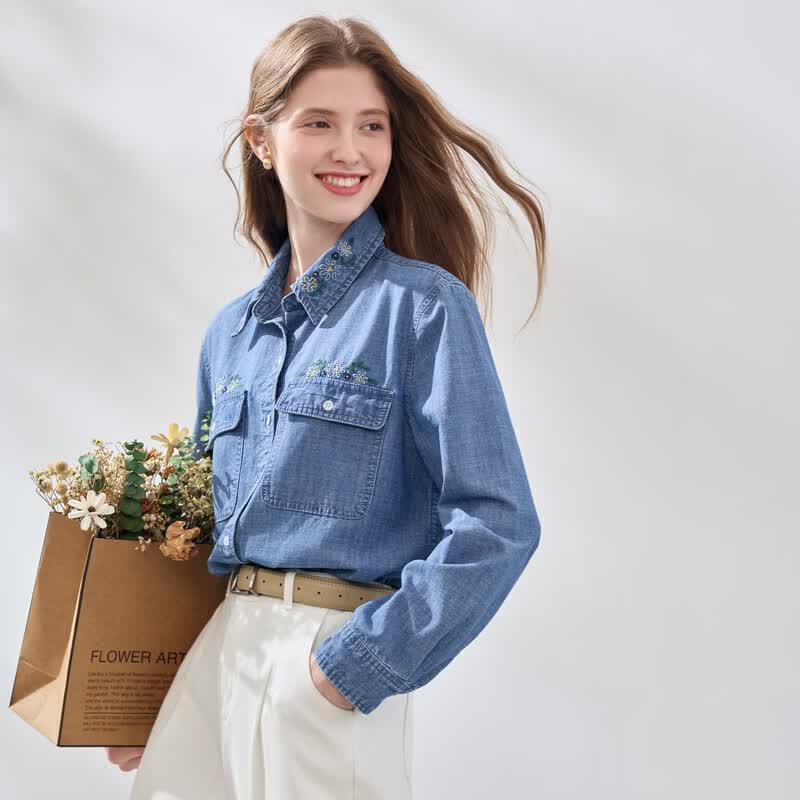 Betu Women's Daisy Embroidered Denim Shirt