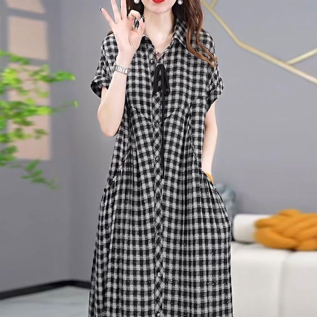 Plaid Dress Women's Summer New Loose Large Size Temperament Casual and Thin Short-sleeved Shirt Skirt