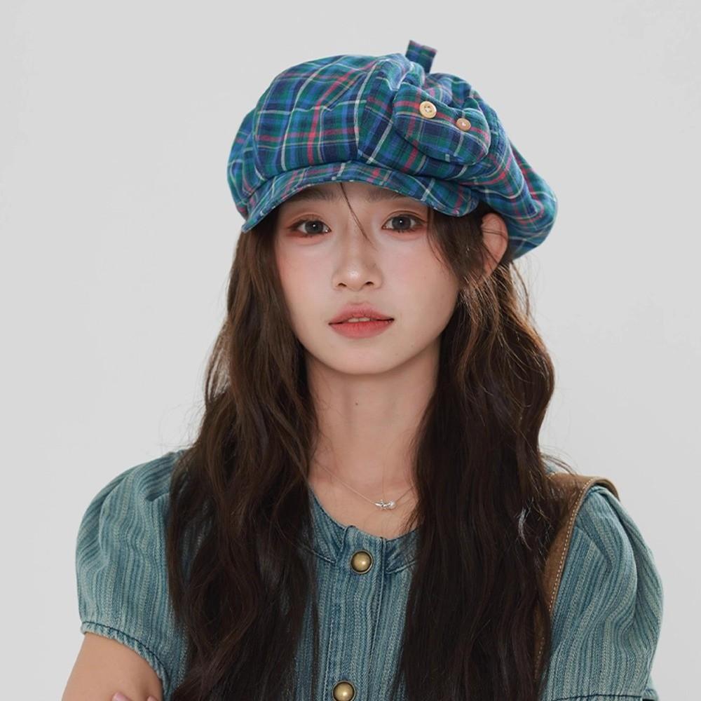 Sun Protection Plaid Cloud Berets Korean Style Octagonal Caps Japanese Button Hat  Spring Summer