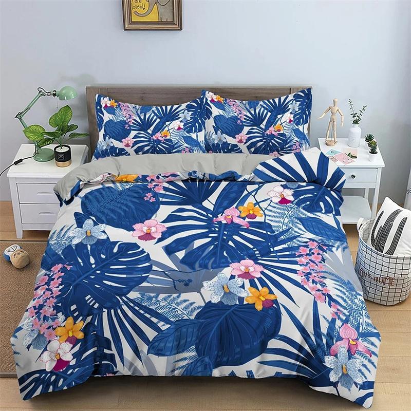 Tropical Plant Bedding Set Green Leaves Duvet Cover with Zipper Closure Comforter Cover Queen King Full Polyester Quilt Cover