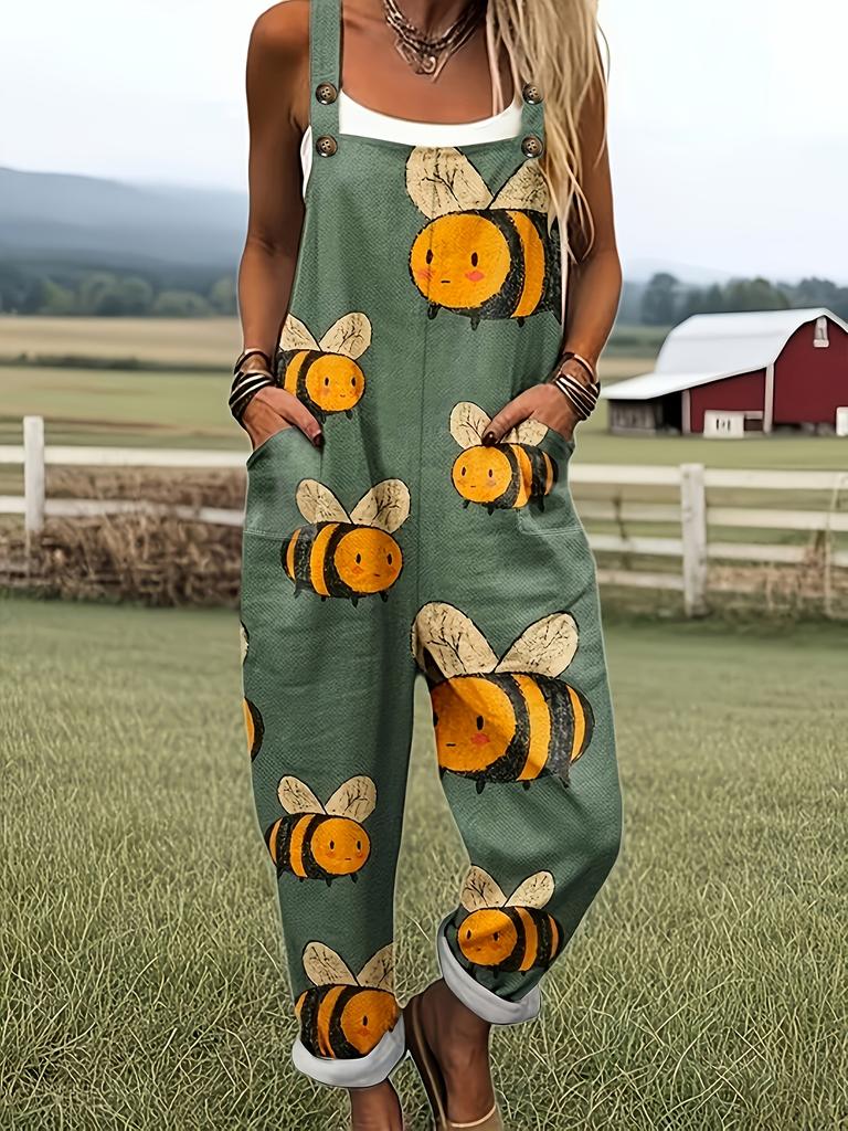 Green jumpsuit with cartoon bee pattern