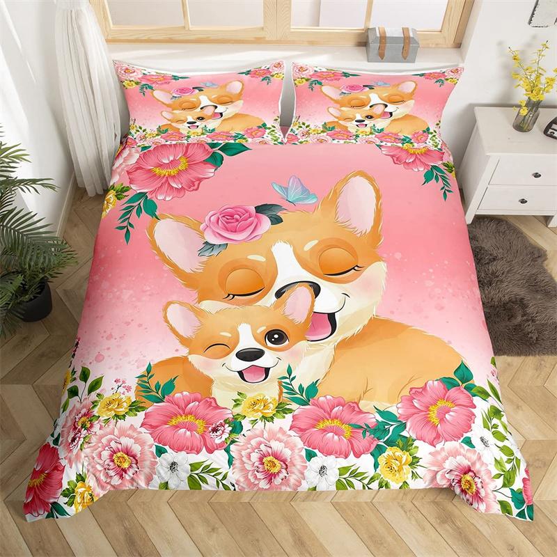 Cartoon-Tier-Bettbezug-Set Zoo Sikahirsch Mikrofaser Rosa Blumig Bettwäsche Einzelbett Twin Für Mädchen Jungen