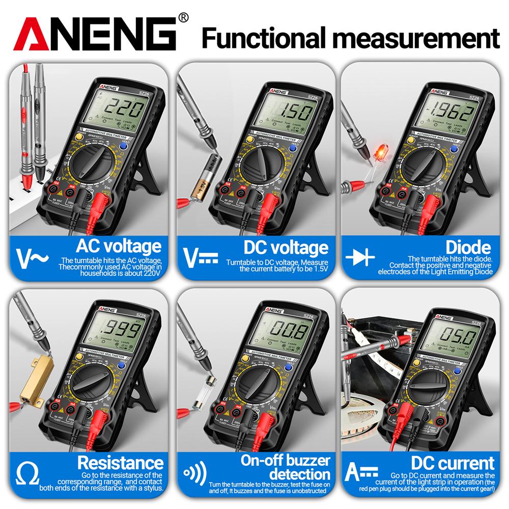 Aneng SZ26 Smart Multimeter AC/DC Voltage DC Current High Precision Car Overhaul Multimetro Diode Resistance Tester 1999 Count with Digital Display