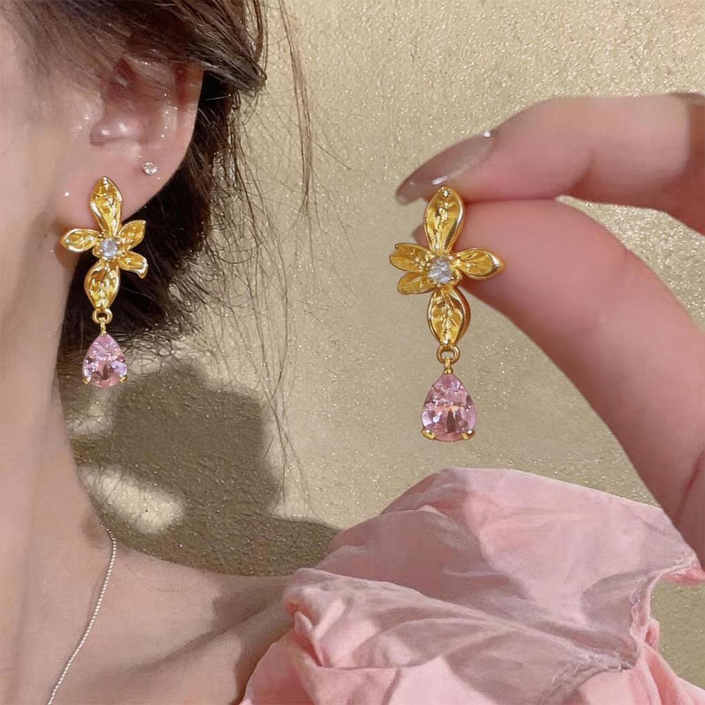 18k Gold-Plated Zirconia Floral Drop Stud Earrings - Exquisite Retro Luxury Jewelry