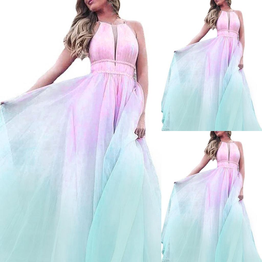 Women's Sexy Backless Zipper Strap Prom Evening Dress Gradient Sleeveless Dress