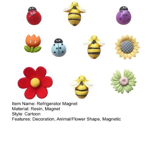 10Pcs Animal Flower Refrigerator Magnet Resin Ladybird Bee Tulip Sunflower Fridge Magnet Home Office Kitchen Whiteboard Locker Decoration Magnet
