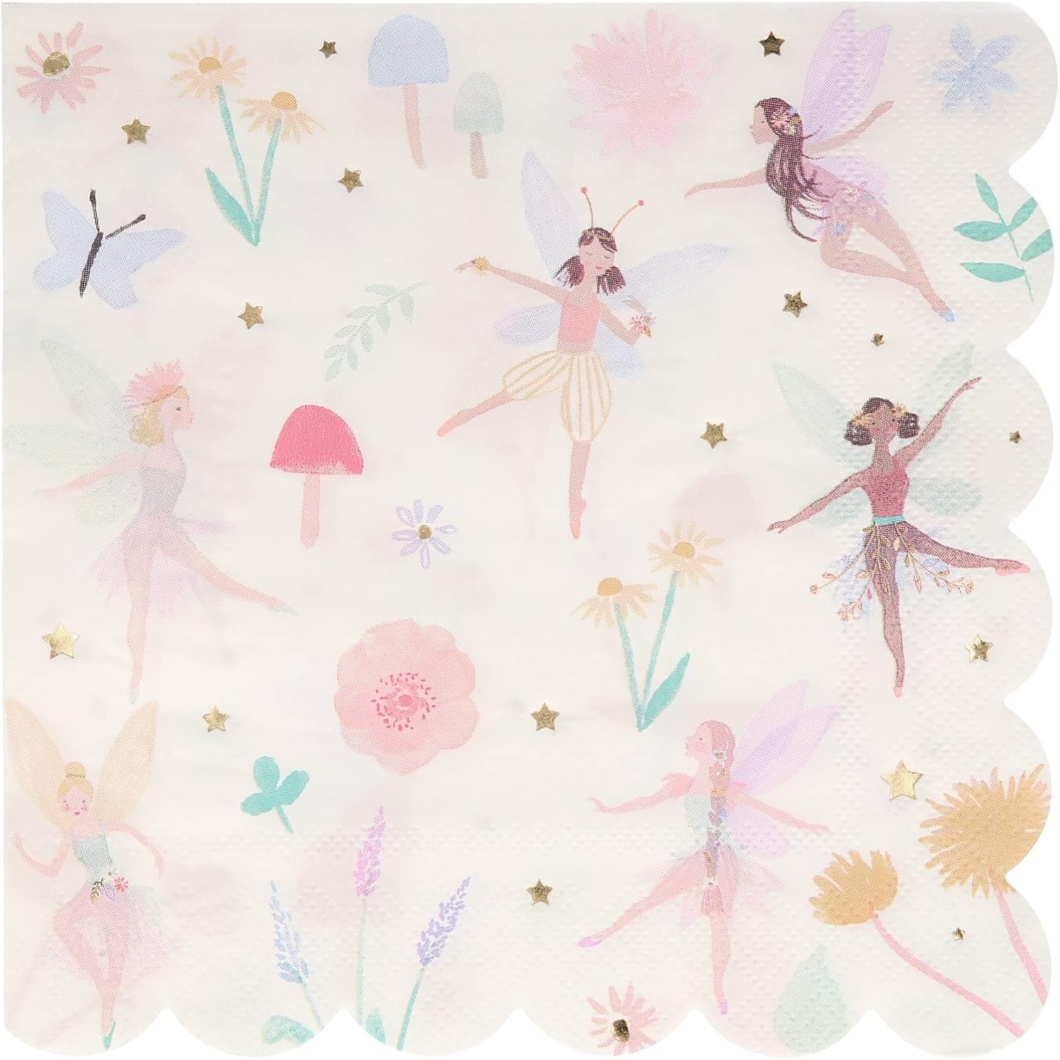 Meri Meri Large Fairy Napk, 3-Ply Disposable Paper Party Napk, Pack of 16, Scalloped Edge, Gold Foil, Fairy Party Decor