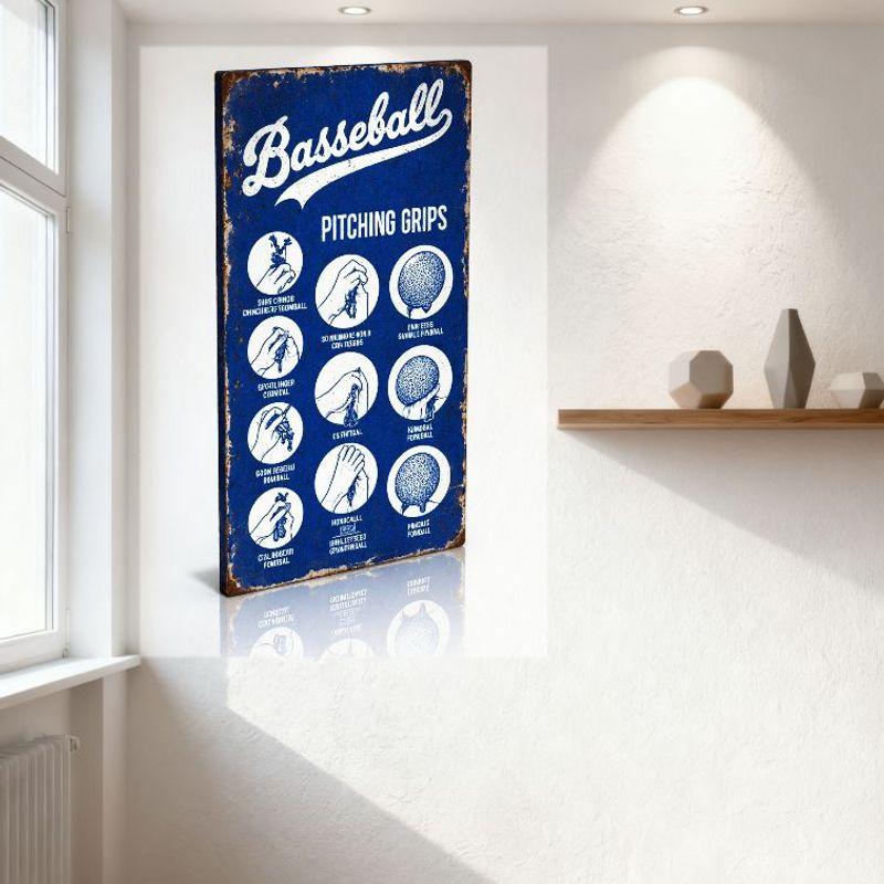 Vintage Baseball Pitching Grips Metal Tin Sign, 3x3 Grid 9 Pitching Types (Fastball, Curveball, Etc.) Retro Weathered Tin Plaque