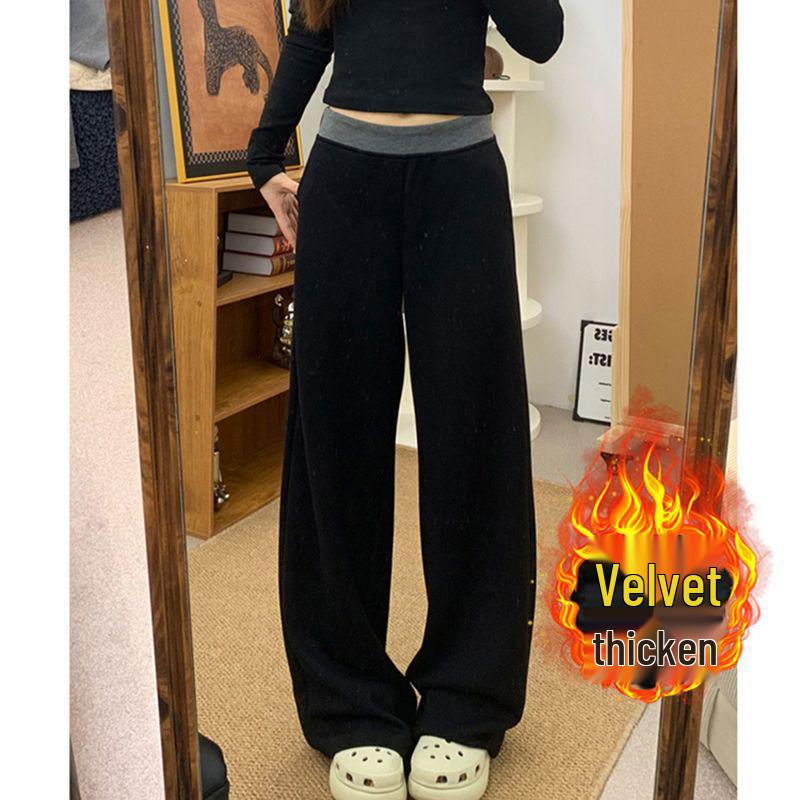Women's Black Patchwork Wide-Leg Pants - High Waist, Loose, Slimming, Plus Size, Floor-Length for 2026 Spring/Summer.