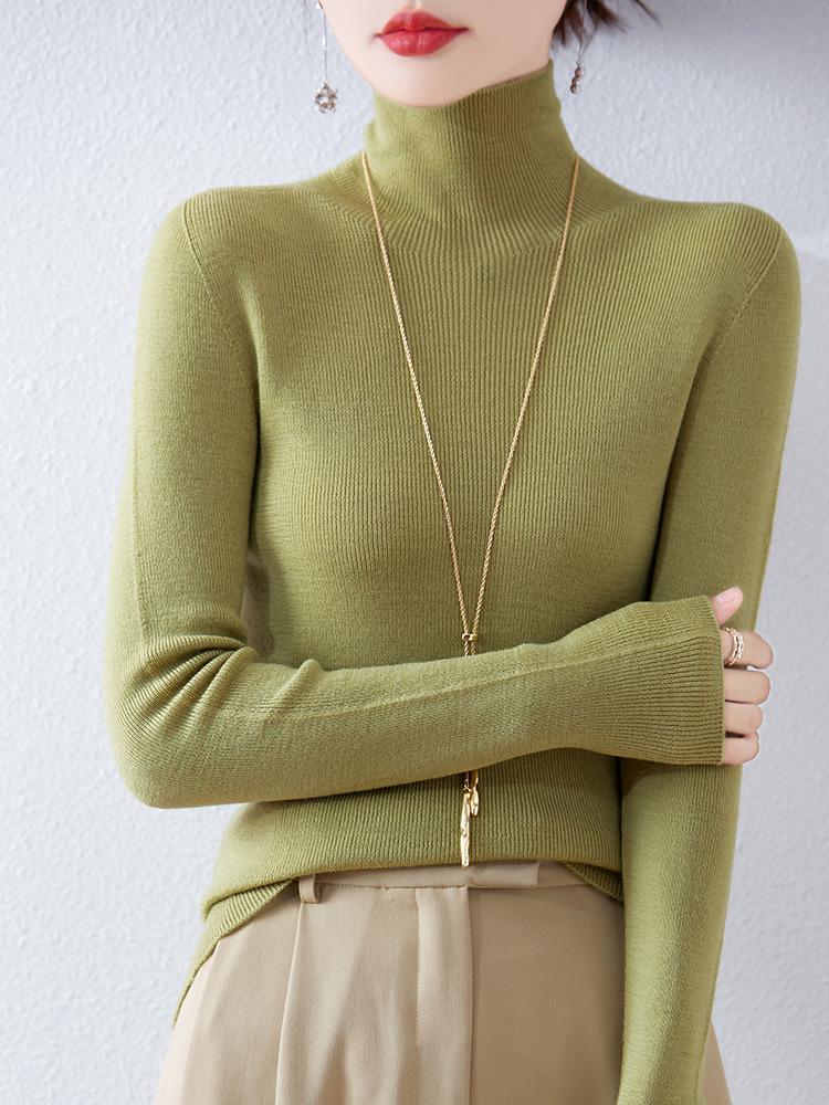Women's Slim-Fit High-Neck Wool Sweater - Soft, Seamless Knit Base Layer for Autumn/Winter