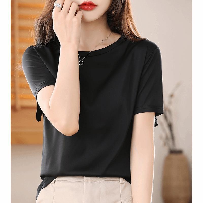 Summer Women's T-shirt Satin Acetate Round Neck Short Sleeve Mulberry Silk Solid Color Loose Round Neck Half Sleeve Simple Silk Smooth