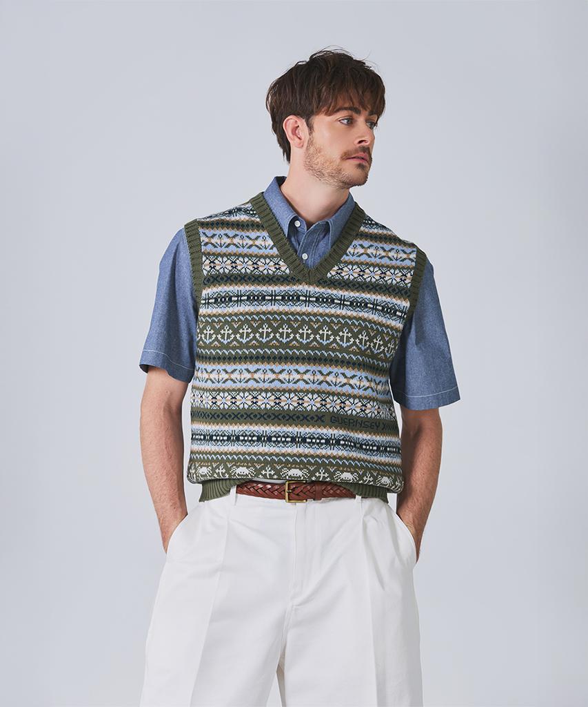 Geonjiulleunseu Grand Roque Fair Isle Cotton V-Neck Vest - Olive
