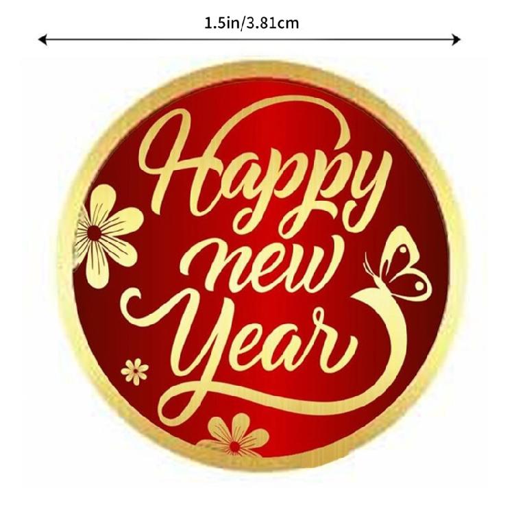 Round Labels Sticker Happy New Year Sticker Round Gold Foil Stamping Labels Self-Adhesive Sticker Labels