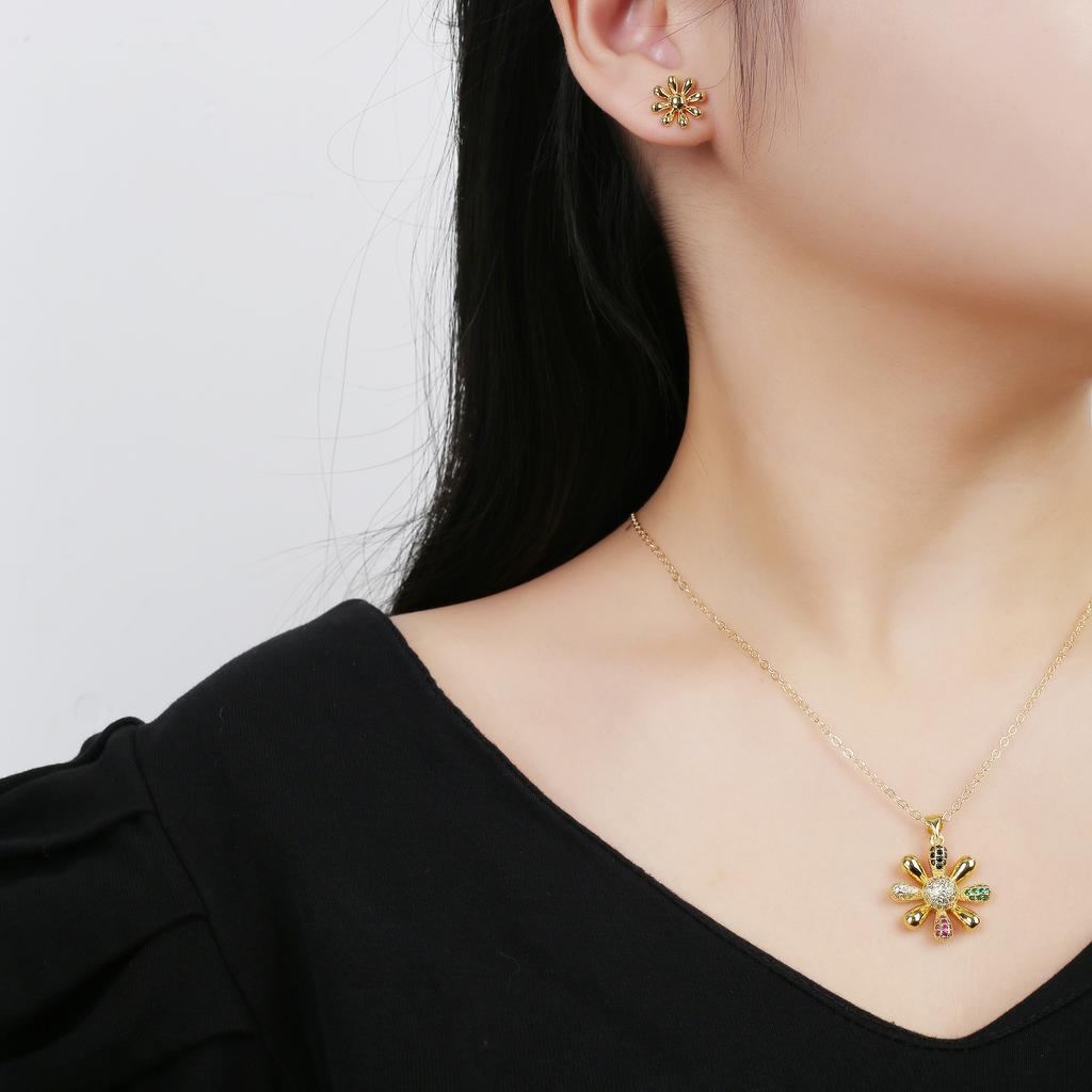 High Quality Gold Plated Sunflower Comma Necklace Earrings Jewelry Set Hip Hop for Women Girls Party Jewelry Accessories Gift