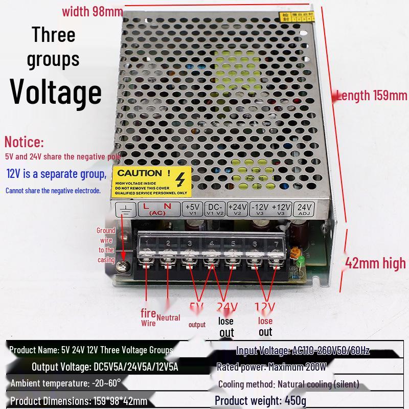 Dual-Output Voltage Switching Power Supply: 5V/12V/24V, 60W/120W/200W