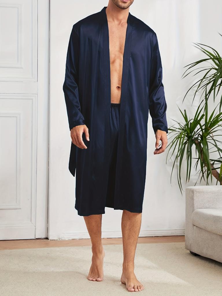 Herren Einfacher Stil Lässige Pyjama-Sets, Herren Bequemer Einfarbiger Morgenmantel, Eleganter Morgenmantel zum Schnüren & Lockere Shorts Hauspyjama-Sets