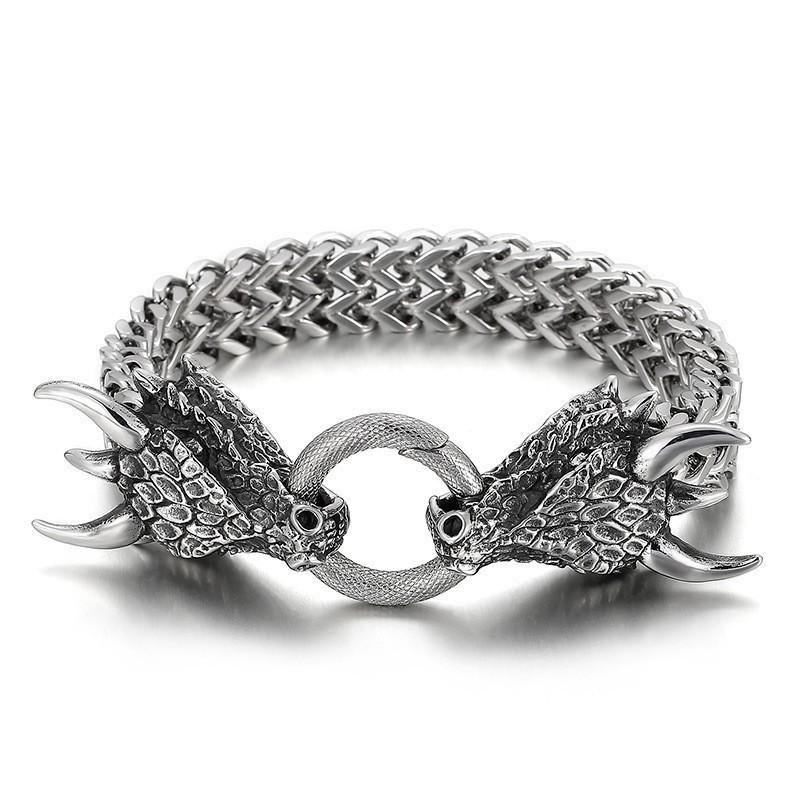 Viking Wolf Head Bracelet for Men Stainless Steel Chain Link Retro Handmade Jewelry Gift