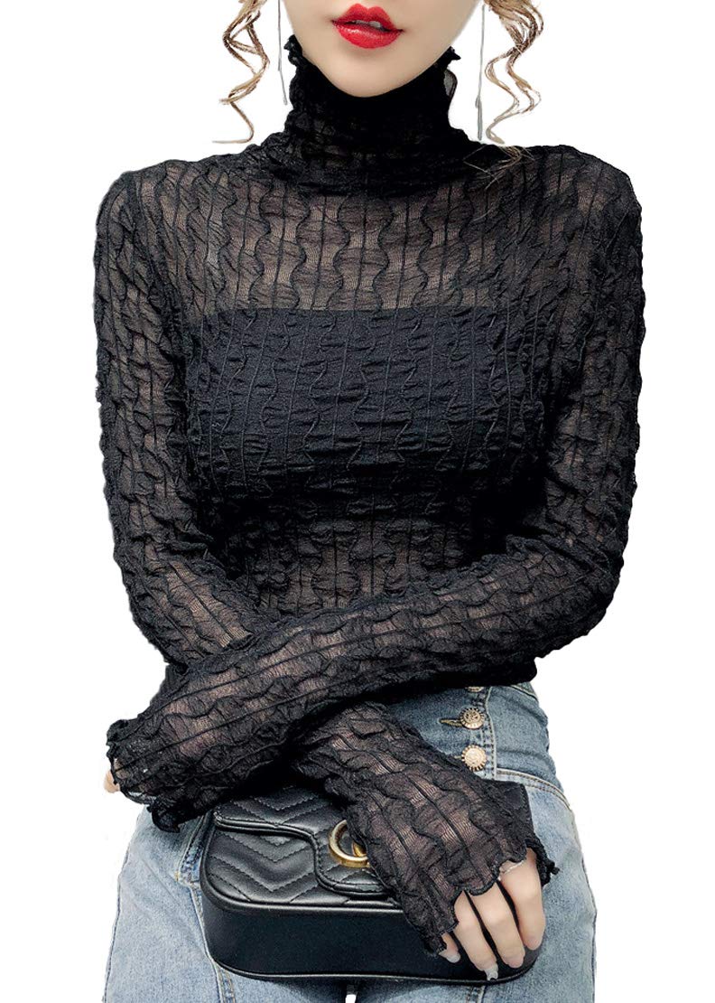 

AICA Sheer Pullover Sheer Sheer High Long One Size Black Blouse, Blouse, T-Shirt, Top, Sheer, Thin, Textured, Stretch, Neck, See-Through, Sleeve,