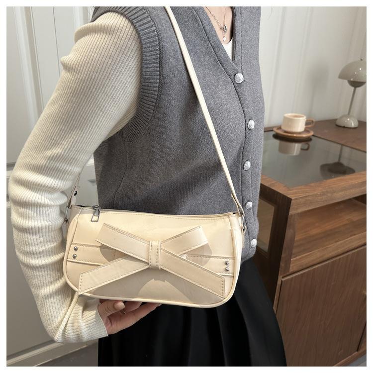 Vintage Bow Square Shoulder Bags for Women Versatile Solid Color Ladies Pu Underarm Bag Simple Female Phone Handbags Purse