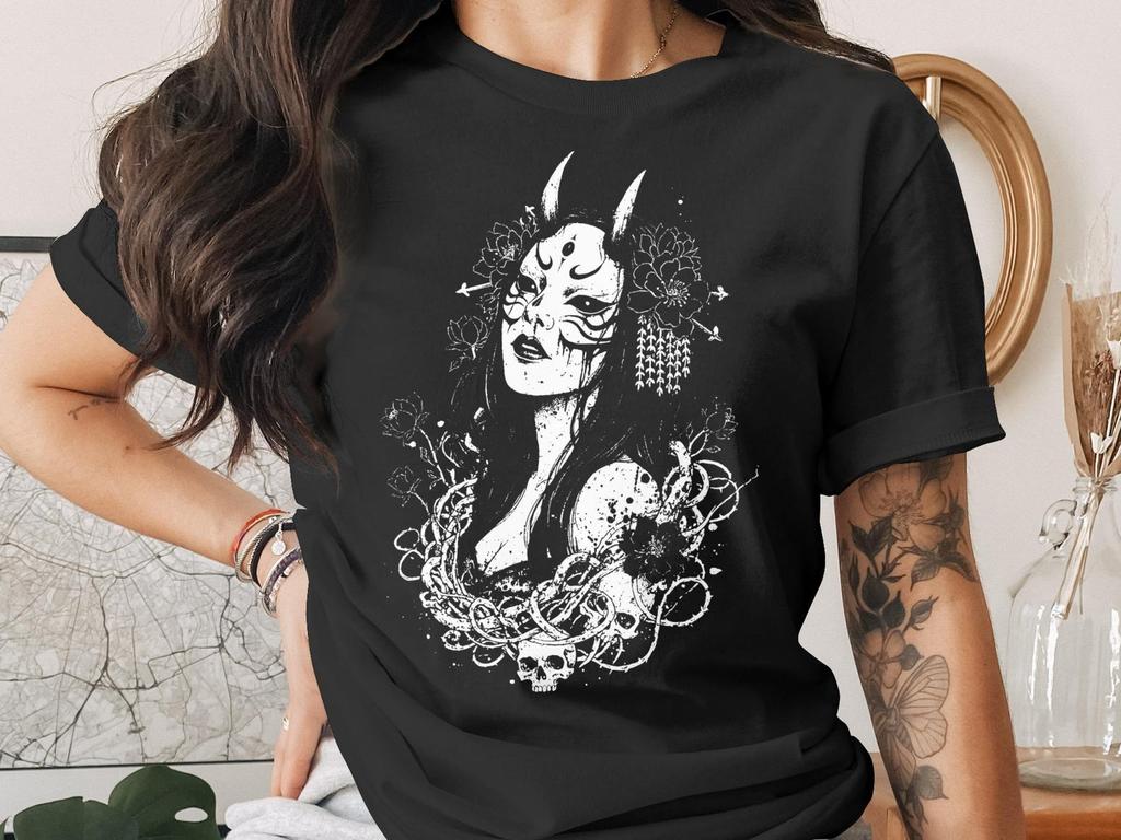 Japanese Oni Mask Gothic T-Shirt, Dark Academia Grunge Aesthetic Tee, Witchy Demon Woman Shirt, Mystical Skull Floral Top
