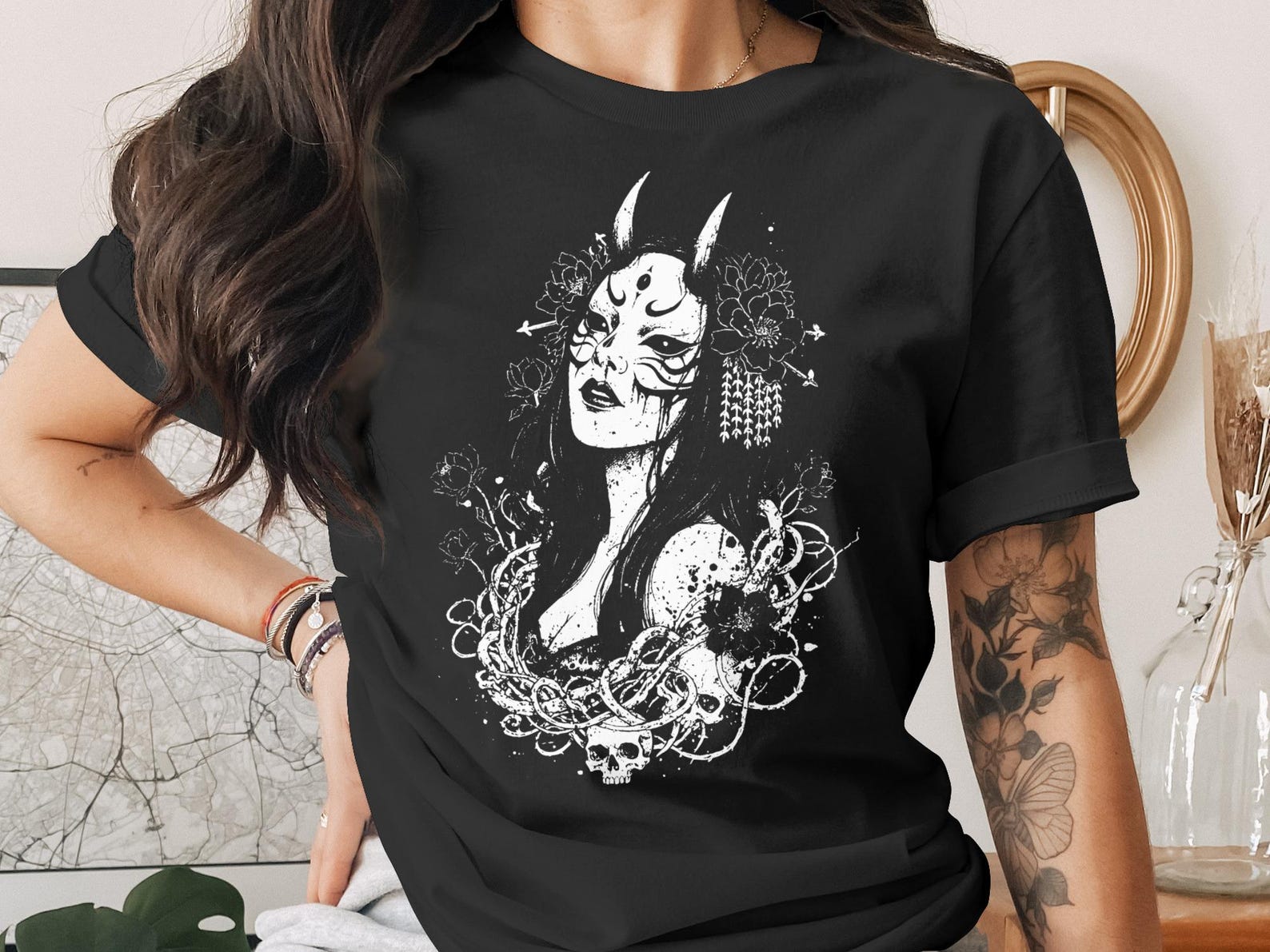 Japanese Oni Mask Gothic T-Shirt, Dark Academia Grunge Aesthetic Tee, Witchy Demon Woman Shirt, Mystical Skull Floral Top S