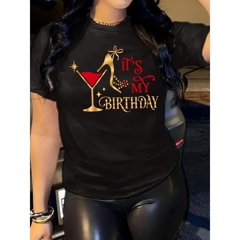 Birthday Letter Print Crew Neck T-Shirt, Casual Short Sleeve T-Shirt for Spring & Summer, Women's Clothing European Size