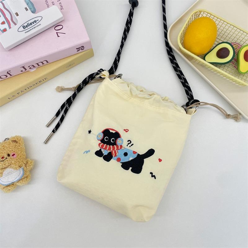 Cute Color Embroidery Bucket Bag Small Cloth Bag College Girl Casual Shoulder Crossbody Mobile Phone Bag