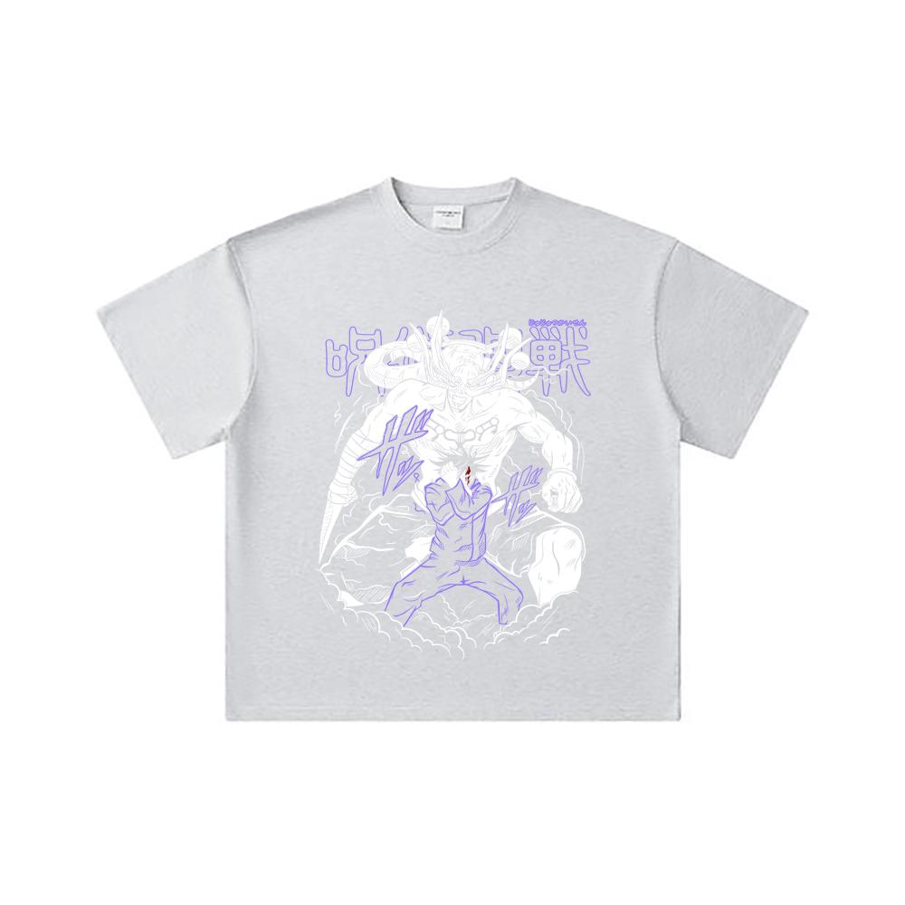 260 GSM Doppelgarn 32er Zählart 100% Baumwolle Jujutsu Kaisen V35 Mahoraga Druck Unisex Schweres Baumwoll-T-Shirt