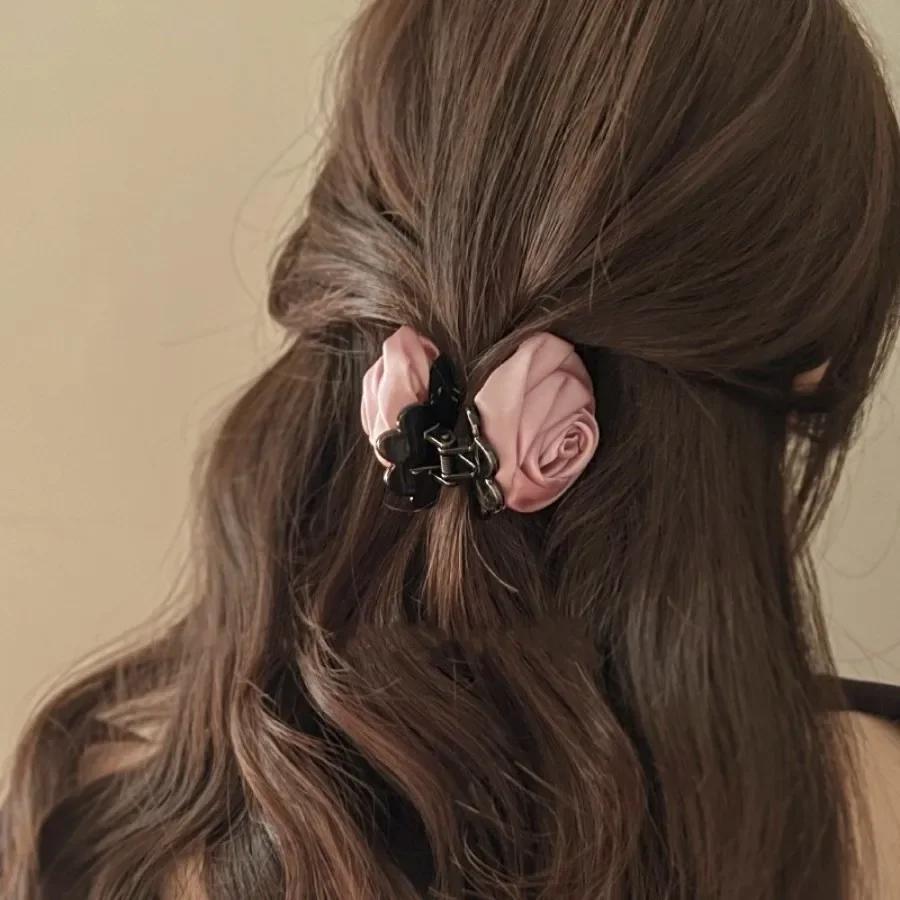 Stain Rose Flower Hair Claw Women Girls Elegant Hair Clip Back Head Shark Clip Small Flower Grip Clip Sweet Cute Fashion Hairpin