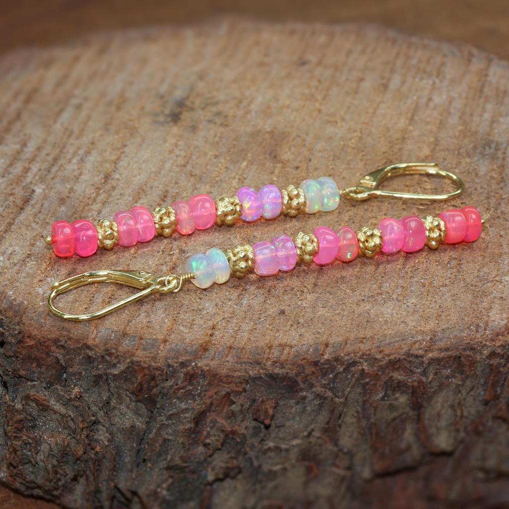 Fire Pink Opal Beaded Earrings: Sterling Silver Dangle Earrings