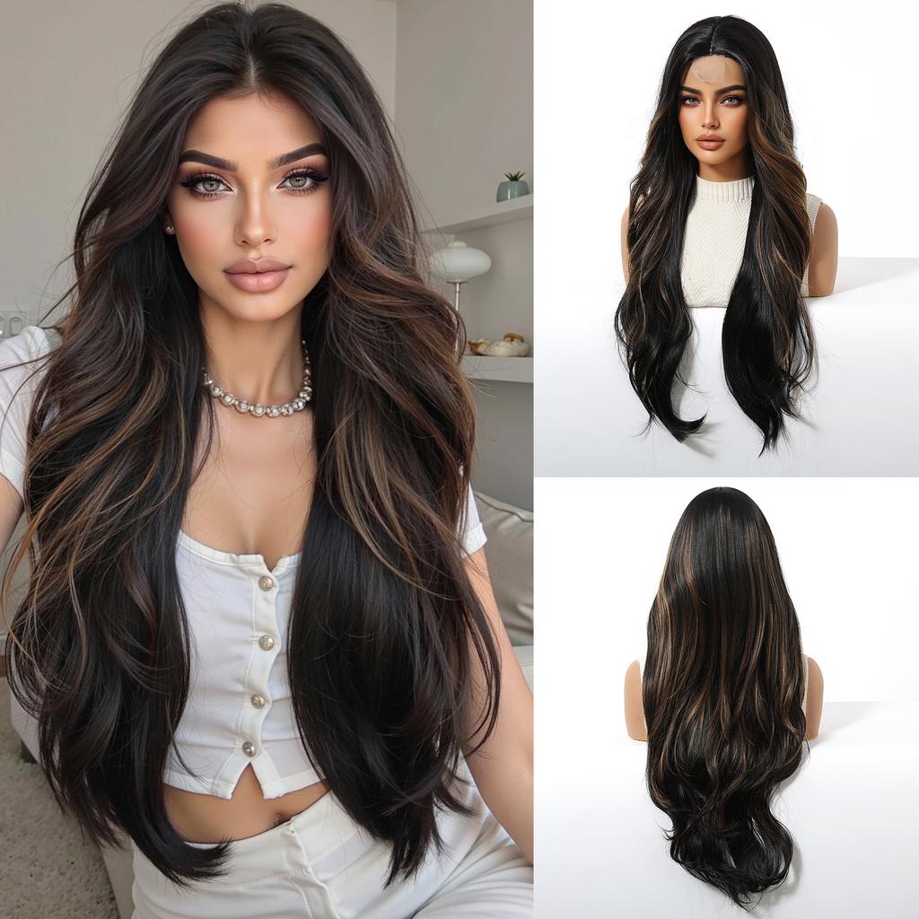Brown Highlights Synthetic Wigs Hairline Lace Frontal Wave Layered Wigs for Women Ladies Daily Use Natural Wigs Heat Resistant